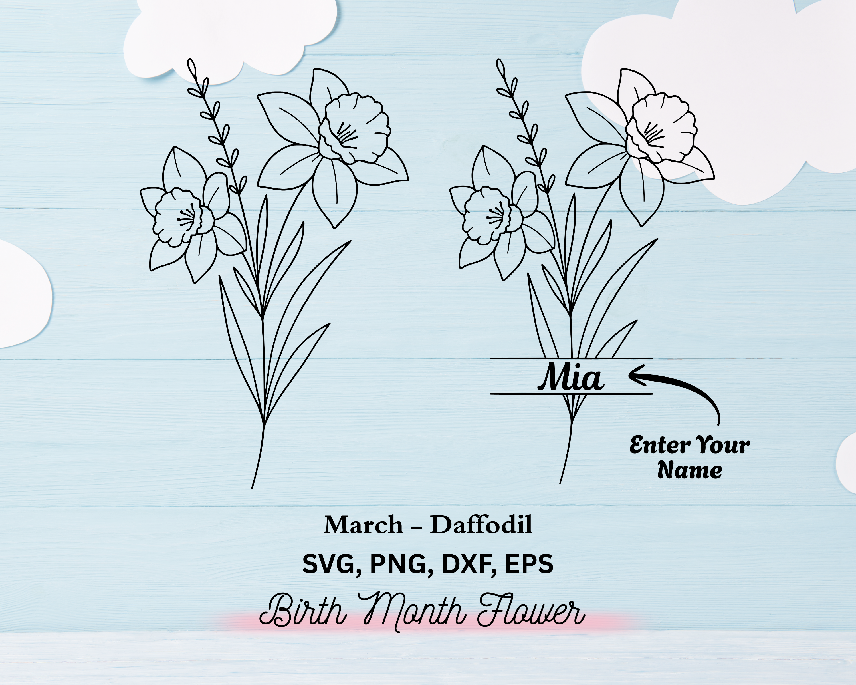 March Birth Flower Daffodil Line Art, Custom Name (svg, png, dxf, eps) (Digital Download)